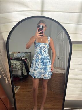 Floral Blue & White Mini Dress with Square Neck